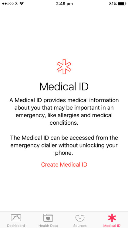 medical ID menu on iOS 10